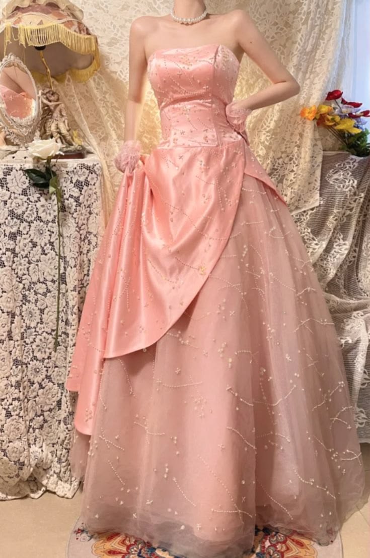 Elegantes, ärmelloses, trägerloses, langes, rosafarbenes Ballkleid mit Perlenbesatz, A-Linie, Modell N588
