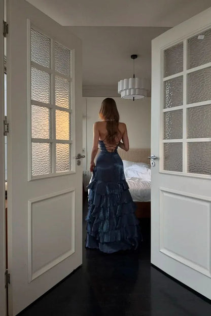 Mermaid V-neck Sheath Long Prom Dresses Fine Glitter Navy Blue Long Formal Dresses N593