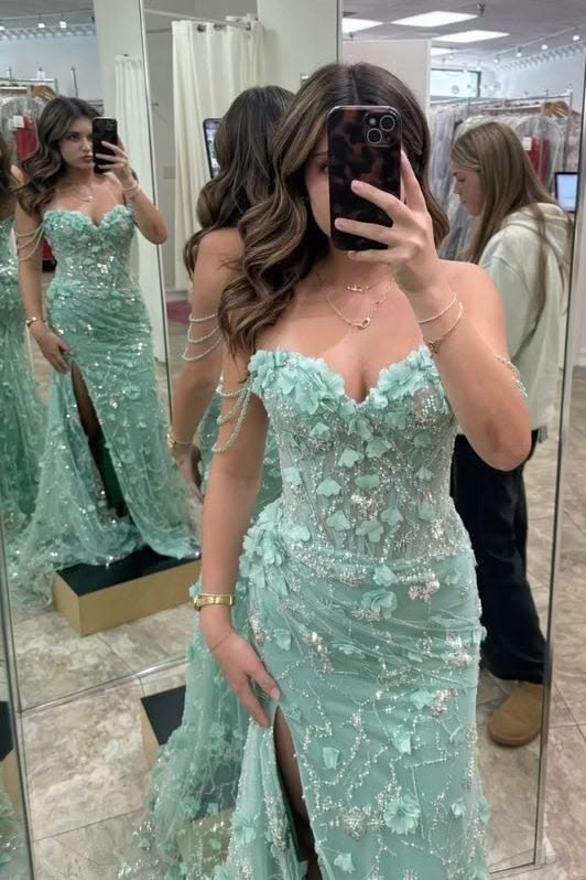 Prom Dresses ideas Sparkly Mermaid Sweetheart Mint Green Slit Formal Party Gown 8th Grade Dress RC0892