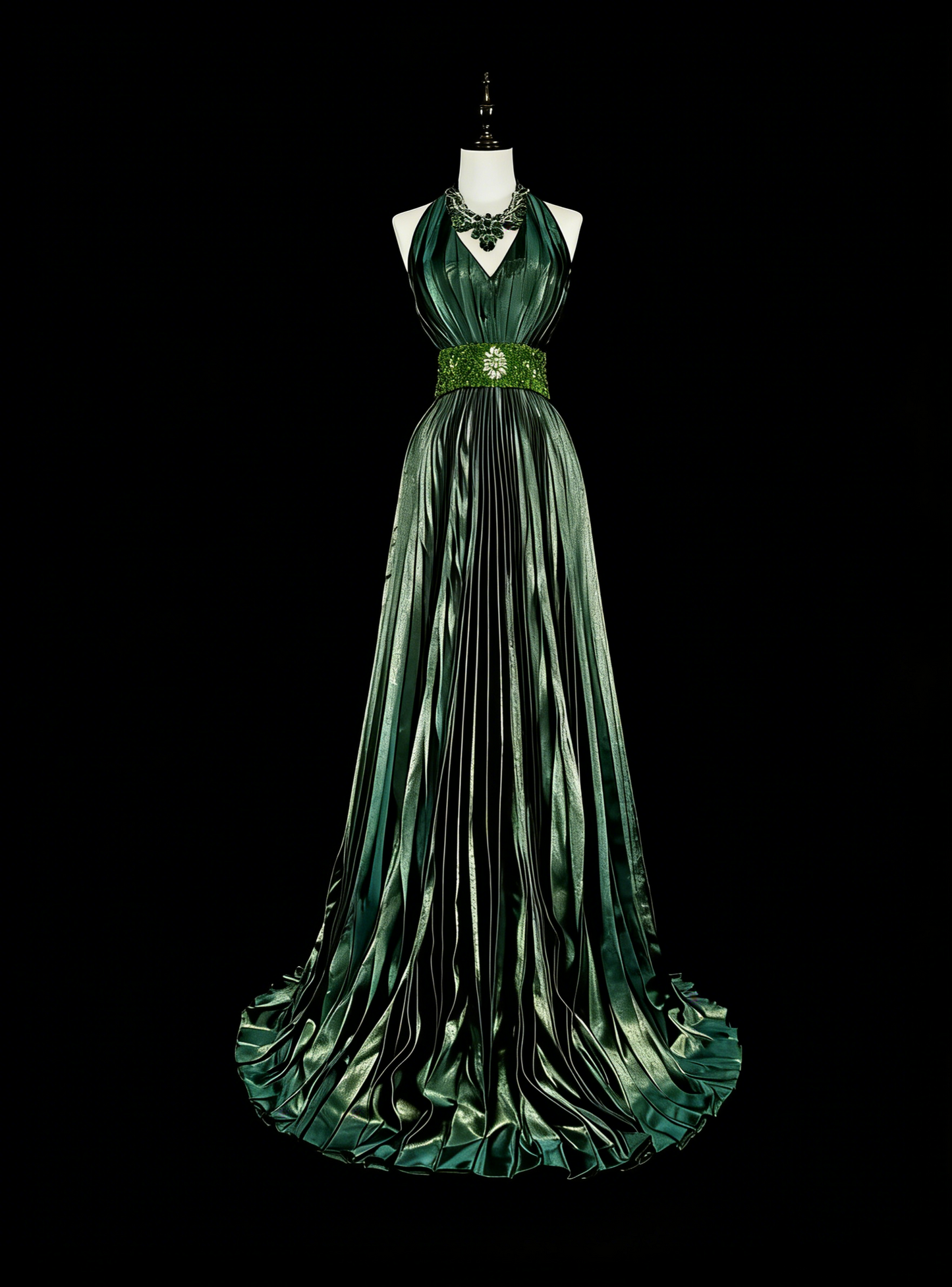 Robe de bal longue vintage années 80, plissée, sans manches, coupe trapèze, dos nu, ornée de perles, N1465