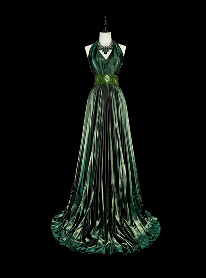 Robe de bal longue vintage années 80, plissée, sans manches, coupe trapèze, dos nu, ornée de perles, N1465
