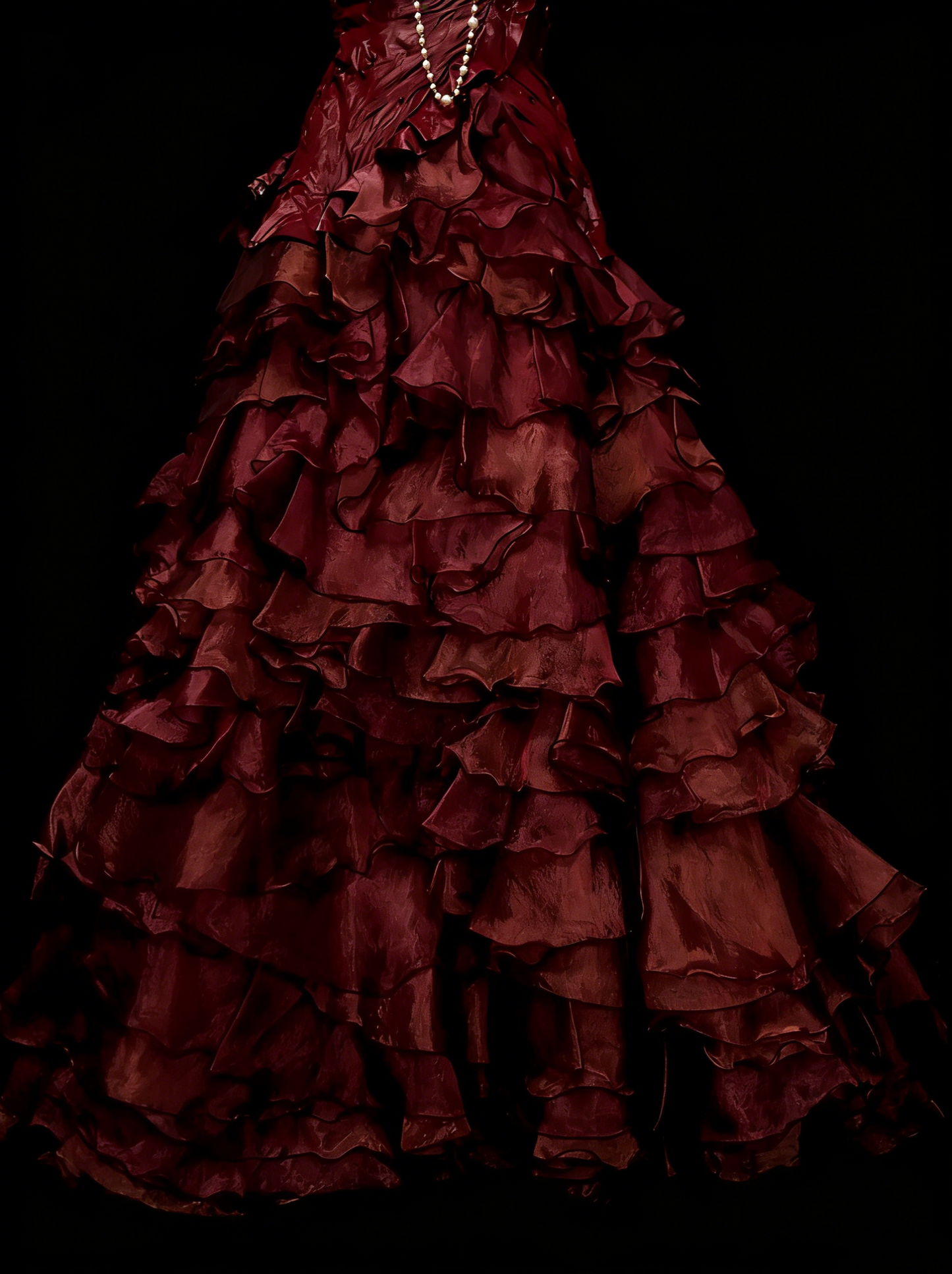 Jolie robe de soirée bustier bordeaux avec volants, longues robes de bal N2141