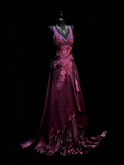 Robe de bal longue vintage en satin raisin, coupe trapèze, col en V, ornée de perles et de dentelle, longueur au sol, référence N1202
