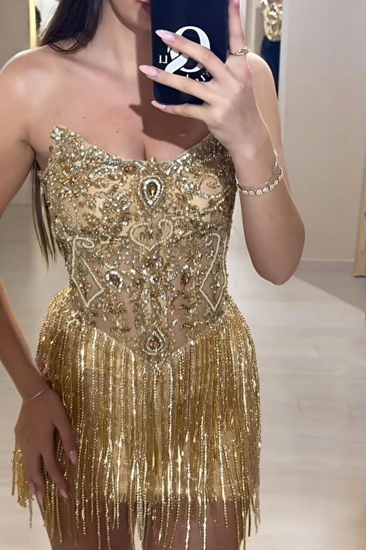 Sparkling Gold Mini Dress Homecoming Dresses 2026 Sheath Strapless Birthday Cocktail Outfits RB6297