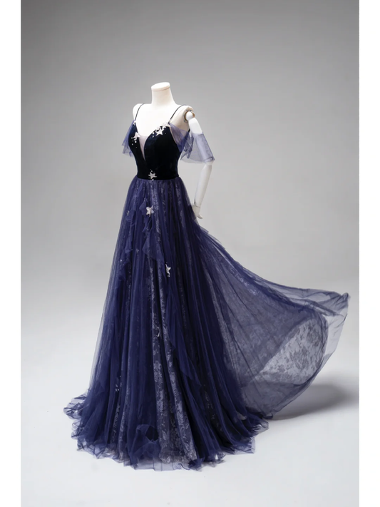 Robe de bal longue en tulle couleur raisin, coupe trapèze, bretelles spaghetti, idéale pour un 19e anniversaire (AB871)