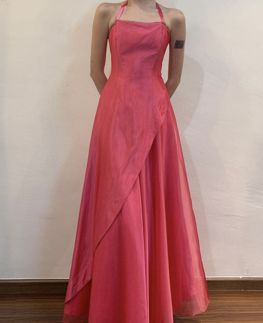 Y2K A-Linien Neckholder Rosa Ärmelloses Langes Abendkleid Ballkleid zum 21. Geburtstag N2402