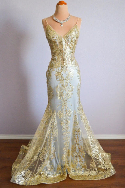Elegantes Meerjungfrauen-Kleid mit Spaghettiträgern und goldenen Pailletten – Inspiration für schwarze Frauen und Mädchen: Festliche Abendkleider, lange Ballkleider AB1779