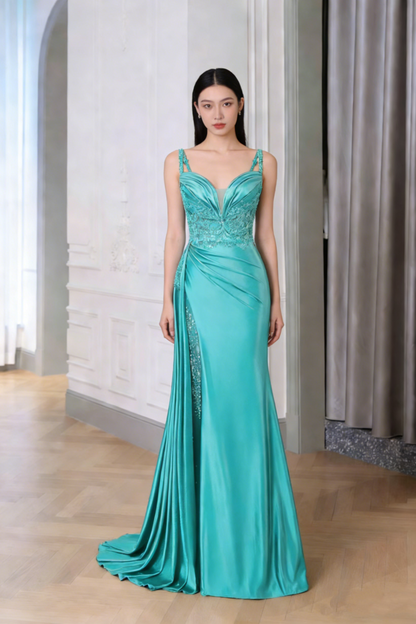 Robe de soirée longue sirène vintage à fines bretelles en satin bleu fendue AB2187