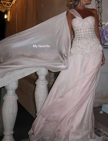 Exquisite Meerjungfrau One-Shoulder-Rosa-Chiffon mit silbernen Perlen Ballkleider Langes Partykleid 18. Geburtstag Outfits Ballkleid RB1345