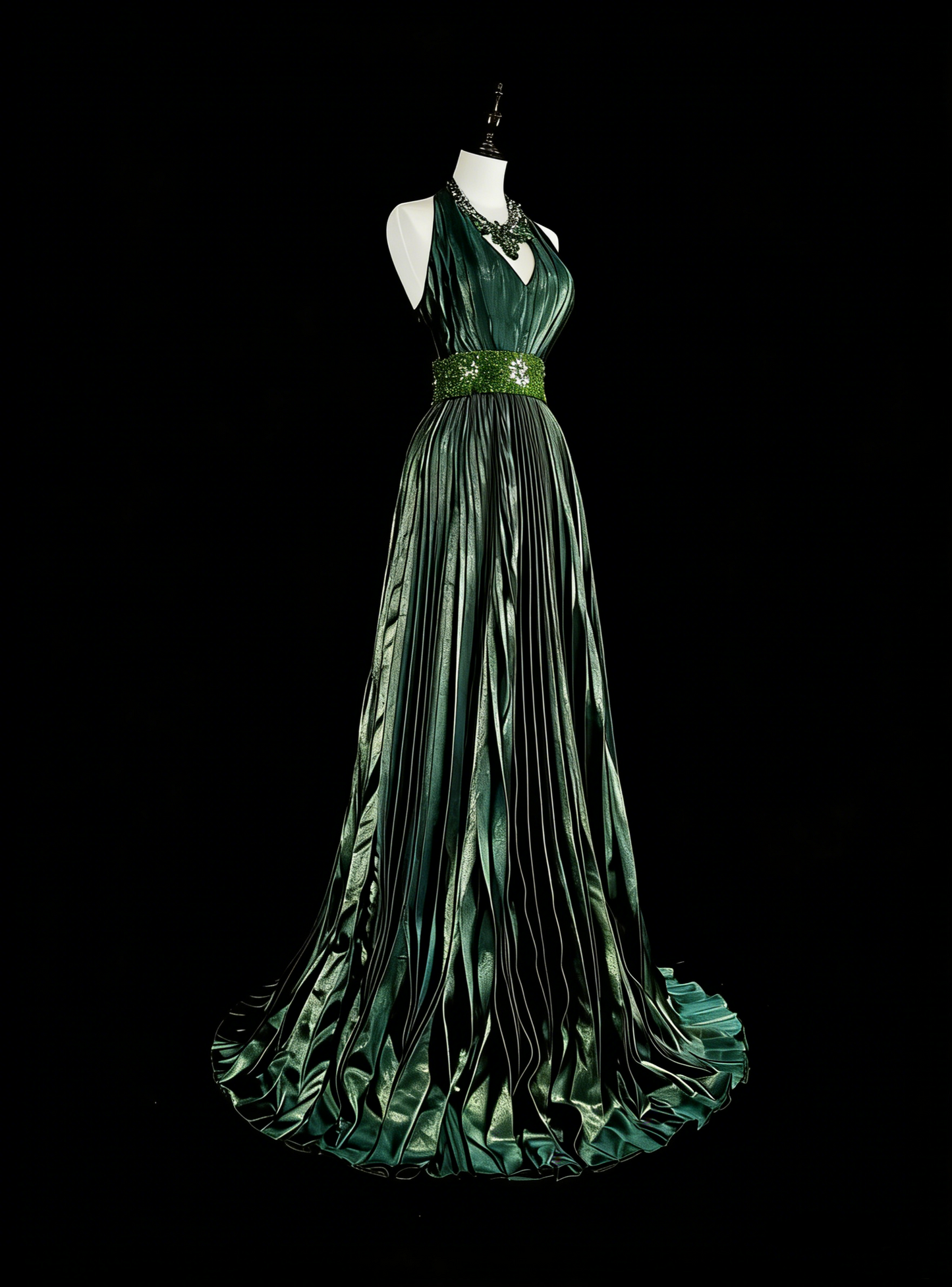 Robe de bal longue vintage années 80, plissée, sans manches, coupe trapèze, dos nu, ornée de perles, N1465