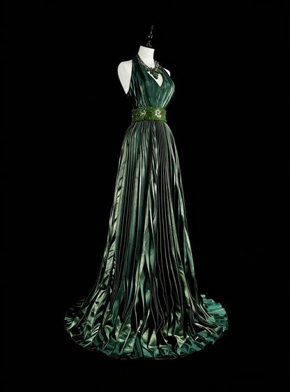 Robe de bal longue vintage années 80, plissée, sans manches, coupe trapèze, dos nu, ornée de perles, N1465