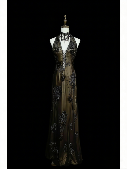Robe de bal longue sirène vintage dos nu en satin sans manches, style années 80, référence N1452