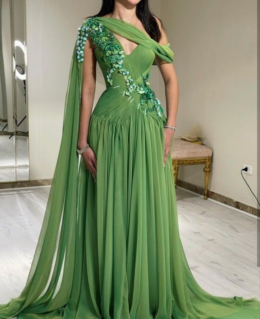 New Women’s Long Prom Dress Mermaid Off Shoulder Green Chiffon Elegant Formal Graduation Party Gown RC0166