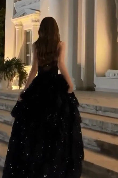 Funkelndes, trägerloses schwarzes Ballkleid mit Schlitz, Pailletten, langes formelles Partykleid N794