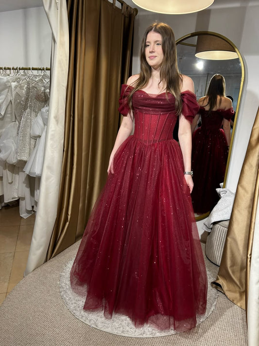Burgundy Prom Dress Long Ball Gown Off Shoulder Seuined Formal Graduation Gown RB9496