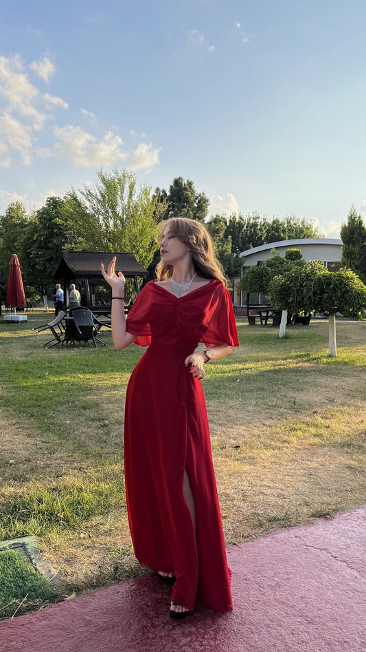 Modest A Line Off The Shoulder Red Chiffon With Slit Prom Dresses Long Party Dress Evening Dresses AB1113