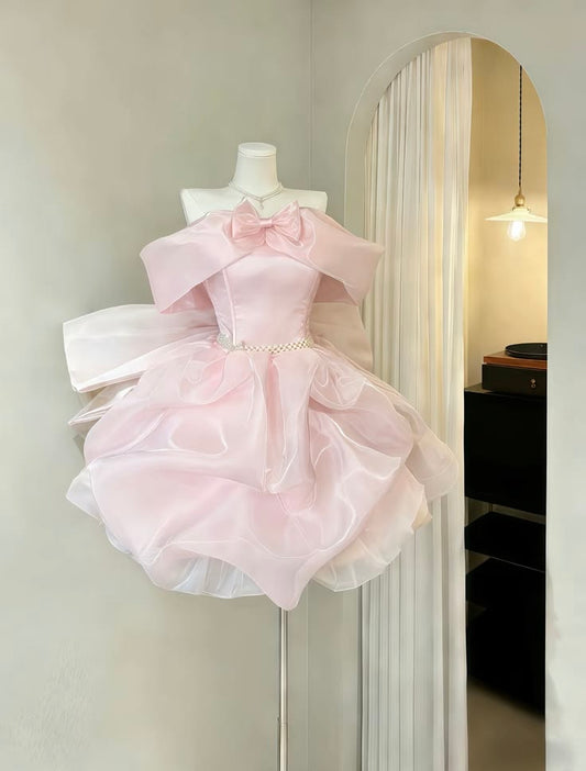 Lovely Ball Gown Hoco & Homecoming Dress Ball Gown Off The Shoulder Organza Pink With Ruffled Short Party Dresses RB6450