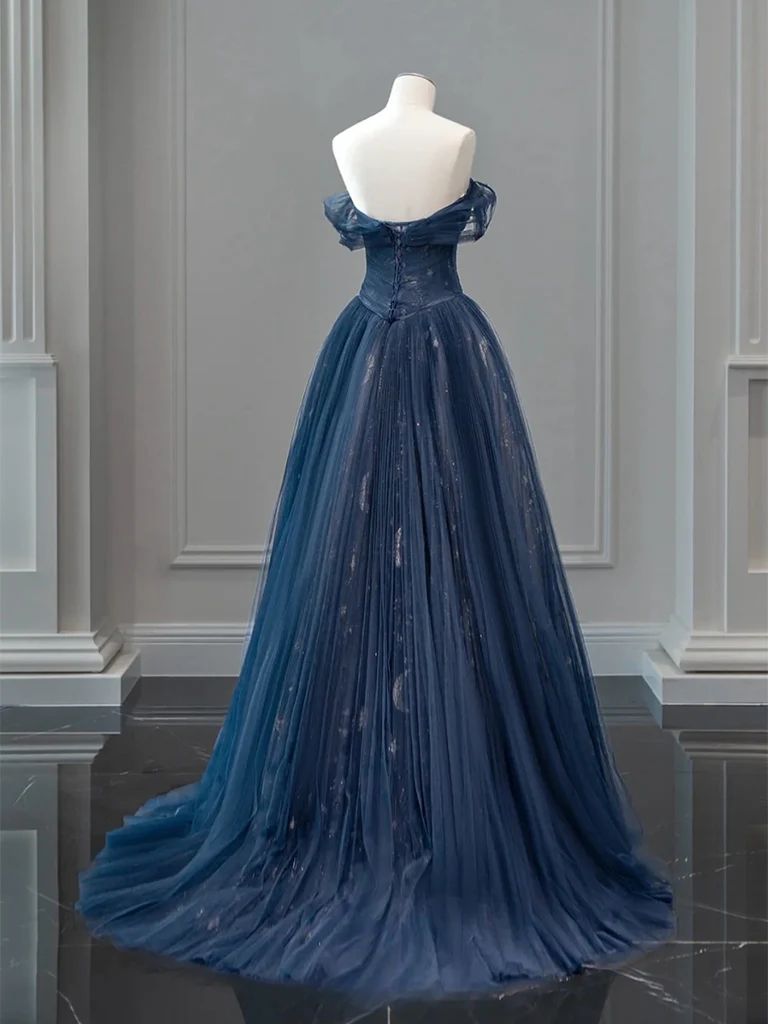 A-Linien-Abendkleid aus Tüll und Spitze in Dunkelblau mit Carmen-Ausschnitt AB693