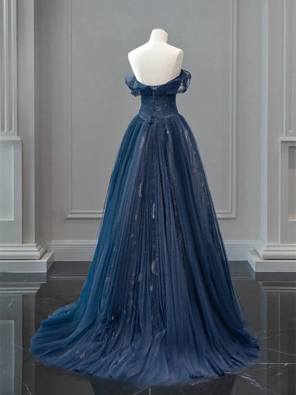 A-Linien-Abendkleid aus Tüll und Spitze in Dunkelblau mit Carmen-Ausschnitt AB693