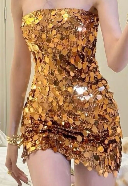 Glitzernde Scheide Trägerlos Gold Pailletten Partykleid Kurz Mini 16. Geburtstagskleider Hoco Outfits RB3411