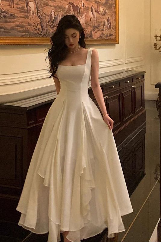 Wunderschönes, ärmelloses, weißes A-Linien-Kleid mit eckigem Ausschnitt, perfekt für Date-Nights, Abschlussball oder Geburtstage (AB1915)