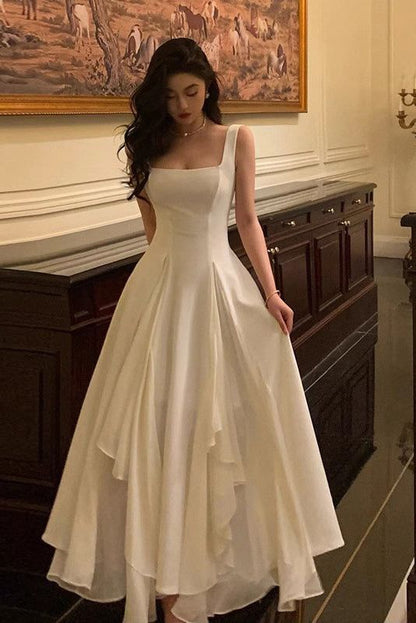 Wunderschönes, ärmelloses, weißes A-Linien-Kleid mit eckigem Ausschnitt, perfekt für Date-Nights, Abschlussball oder Geburtstage (AB1915)
