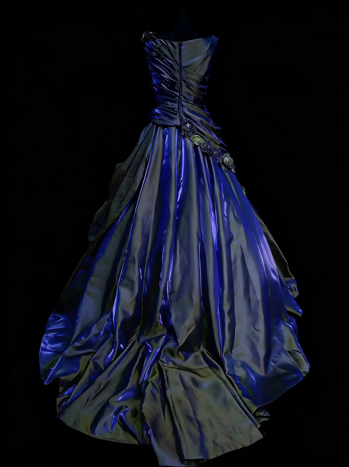 Elegantes Ballkleid Rundhals Marineblau Satin mit gestuften Lagen Rüschen Langes Partykleid Abendkleid N2231