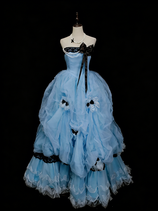Cute Ball Gown Strapless Blue Organza Sweet 16 Dresses Quinceanera Dress N2142