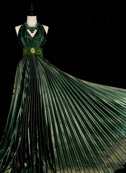 Robe de bal longue vintage années 80, plissée, sans manches, coupe trapèze, dos nu, ornée de perles, N1465