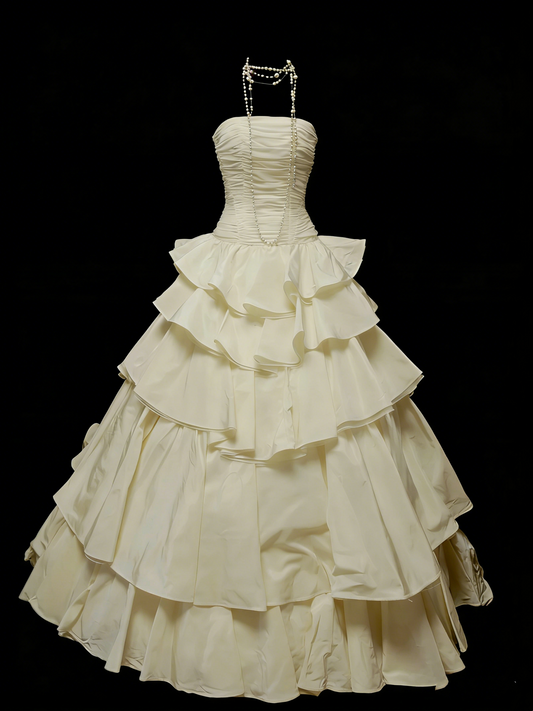 Vintage-Abendkleid im Stil der 80er Jahre, trägerlos, elfenbeinfarbener Satin, College-Stil, formelles Outfit für Teenager, Sweet-16-Abendkleid, langes Ballkleid für Teenager, N1161