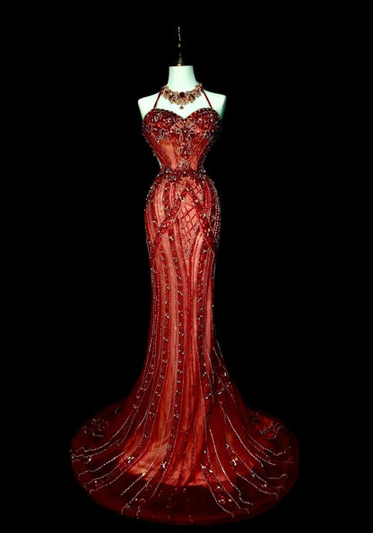 Robe de bal longue vintage années 1960, style sirène, dos nu, bordeaux, sans manches, en tulle, N1582