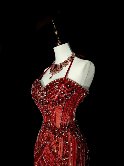 Robe de bal longue vintage années 1960, style sirène, dos nu, bordeaux, sans manches, en tulle, N1582