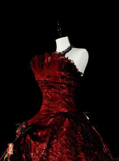 Vintage Abschlussballkleider Ballkleid Trägerlos Burgund Mit Rüschen 1980er Jahre Langes Abendkleid N2707