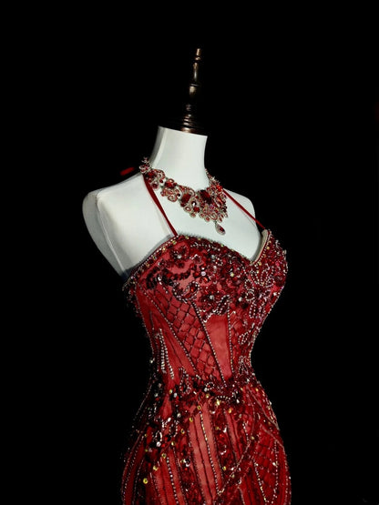 Robe de bal longue vintage années 1960, style sirène, dos nu, bordeaux, sans manches, en tulle, N1582