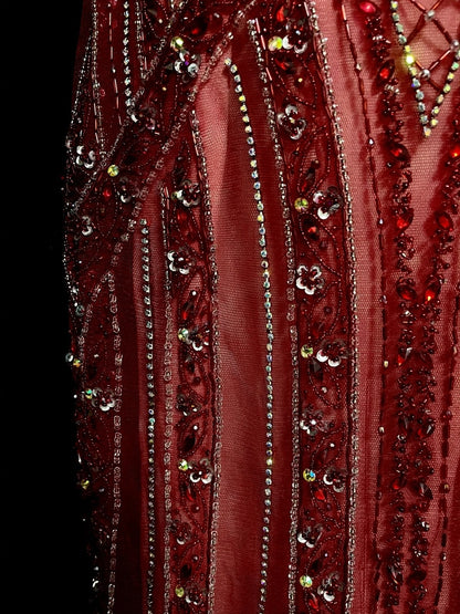 Robe de bal longue vintage années 1960, style sirène, dos nu, bordeaux, sans manches, en tulle, N1582