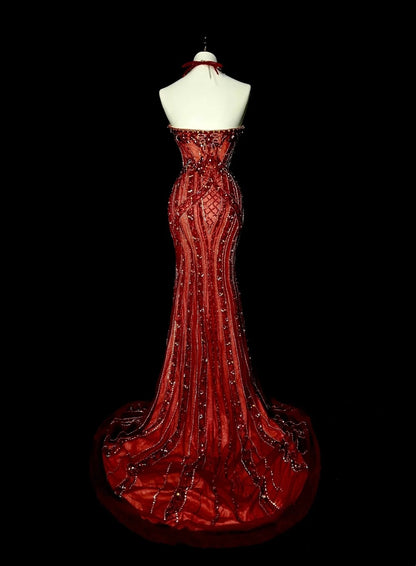 Robe de bal longue vintage années 1960, style sirène, dos nu, bordeaux, sans manches, en tulle, N1582