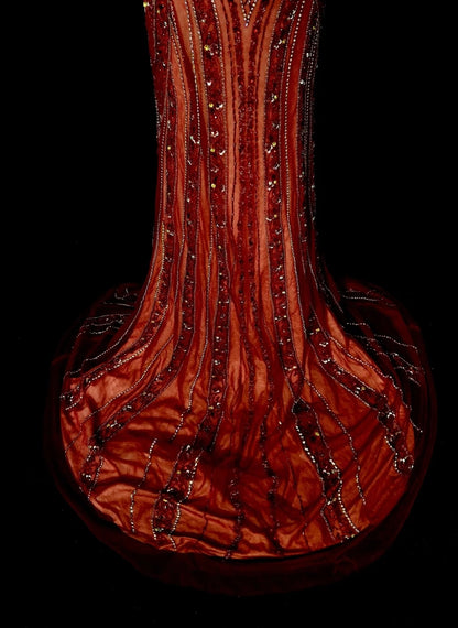 Robe de bal longue vintage années 1960, style sirène, dos nu, bordeaux, sans manches, en tulle, N1582