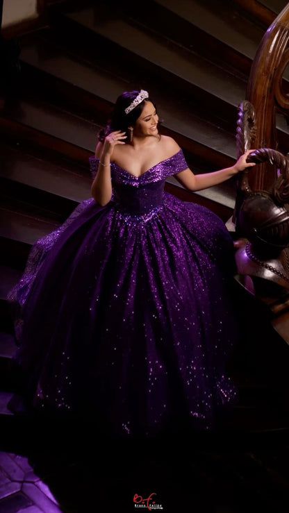 Robe de bal chic à épaules dénudées, sequins raisin, longue, élégante, idéale pour les soirées et les fêtes, pour adolescentes et jeunes filles (AB2158).