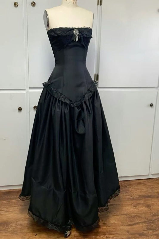 Vintage Ballkleid, trägerlos, schwarzer Satin, für Damen, Partykleid, langes formelles Abendkleid, Ballkleid, Kleid zum 20. Geburtstag AB1320