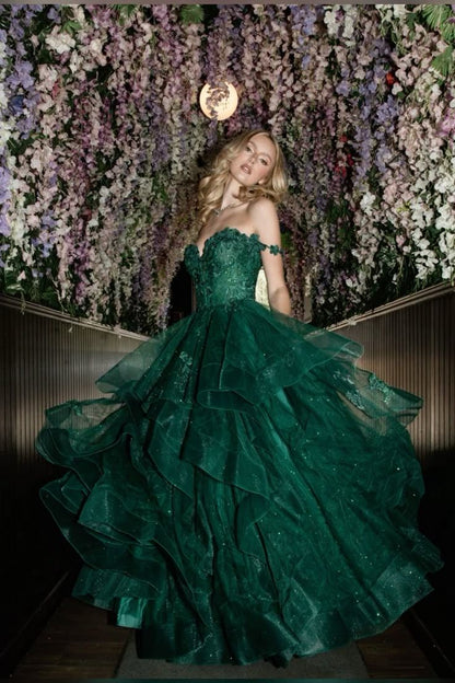 Elegantes, schulterfreies Ballkleid aus Tüll und Spitze mit Applikationen, dunkelgrün, langes Abendkleid AB469