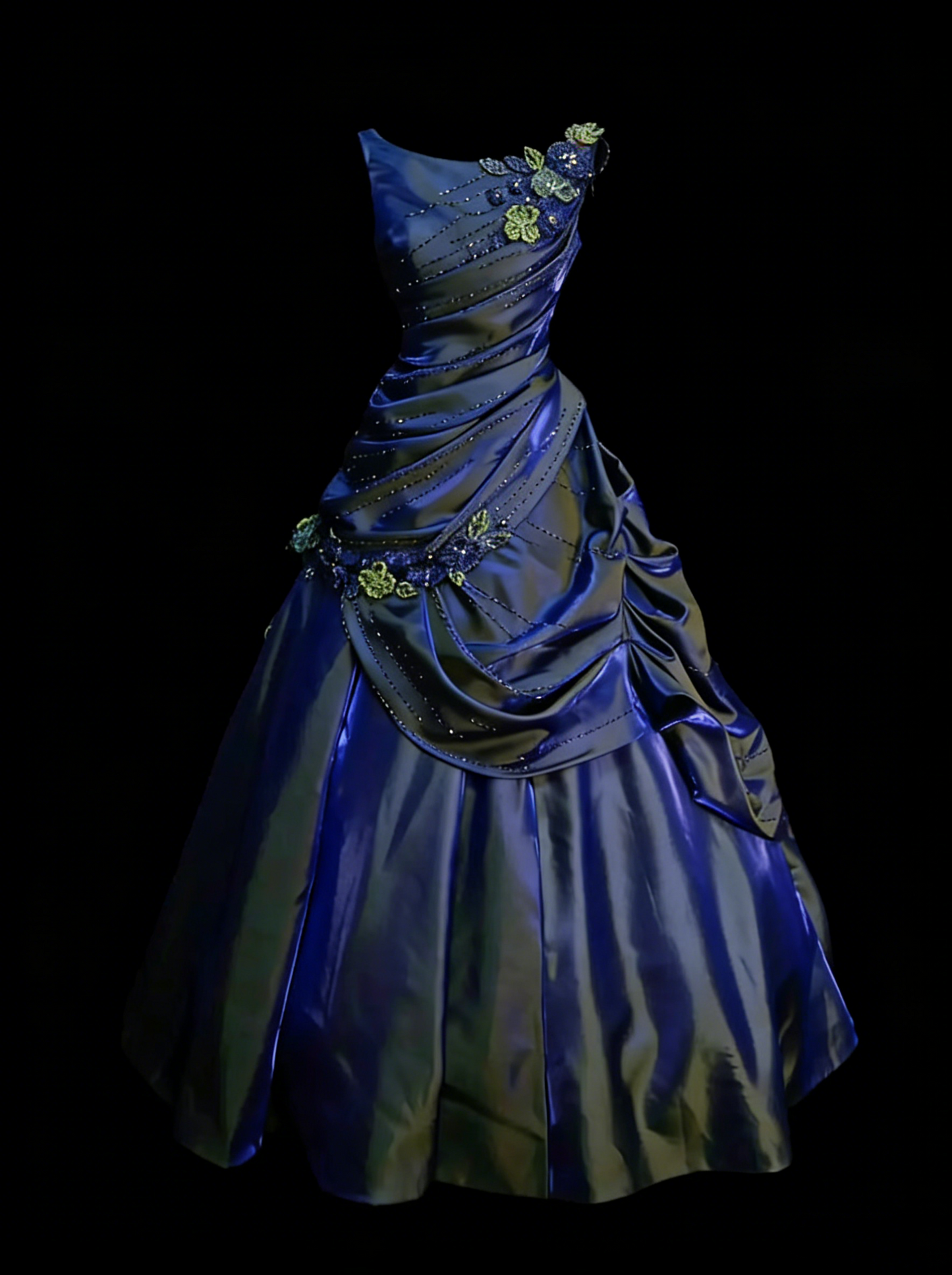 Elegantes Ballkleid Rundhals Marineblau Satin mit gestuften Lagen Rüschen Langes Partykleid Abendkleid N2231