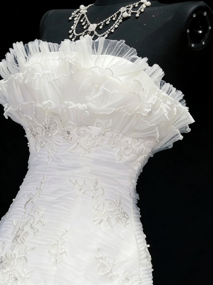 Robe de mariée vintage années 80, sirène, bustier, tulle blanc, fronces, longue, cintrée, N1208