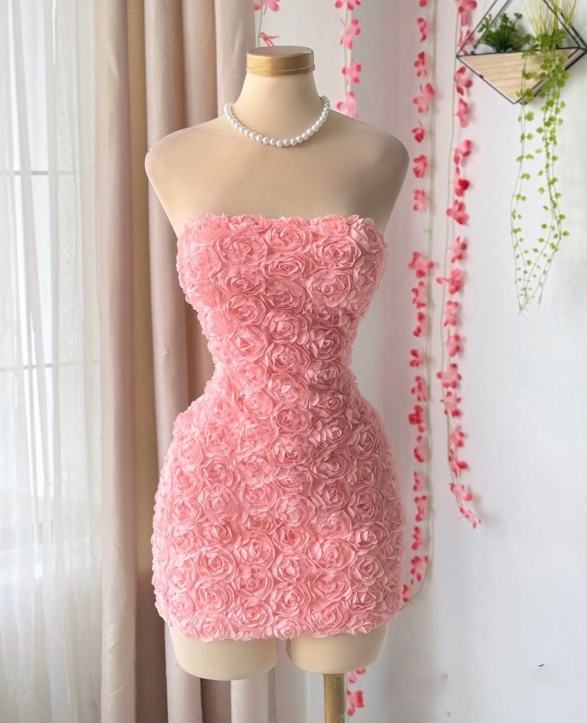 Jolie Robe Courte de Bal de Promo Rose sans Bretelles avec Fleurs 3D pour Lycée, 8ème Grade et Retour à la Maison RB3414