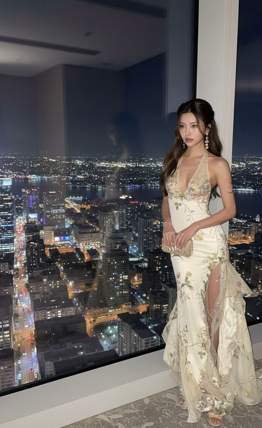 Elegant Formal Prom Dress Long Champagne Mermaid With Slit Halter Evening Gown for Special Occasions RC0202