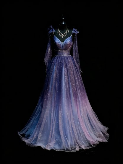 Robe de bal longue vintage à bretelles spaghetti, coupe trapèze, en tulle couleur raisin orné de perles, longueur au sol, référence N1203