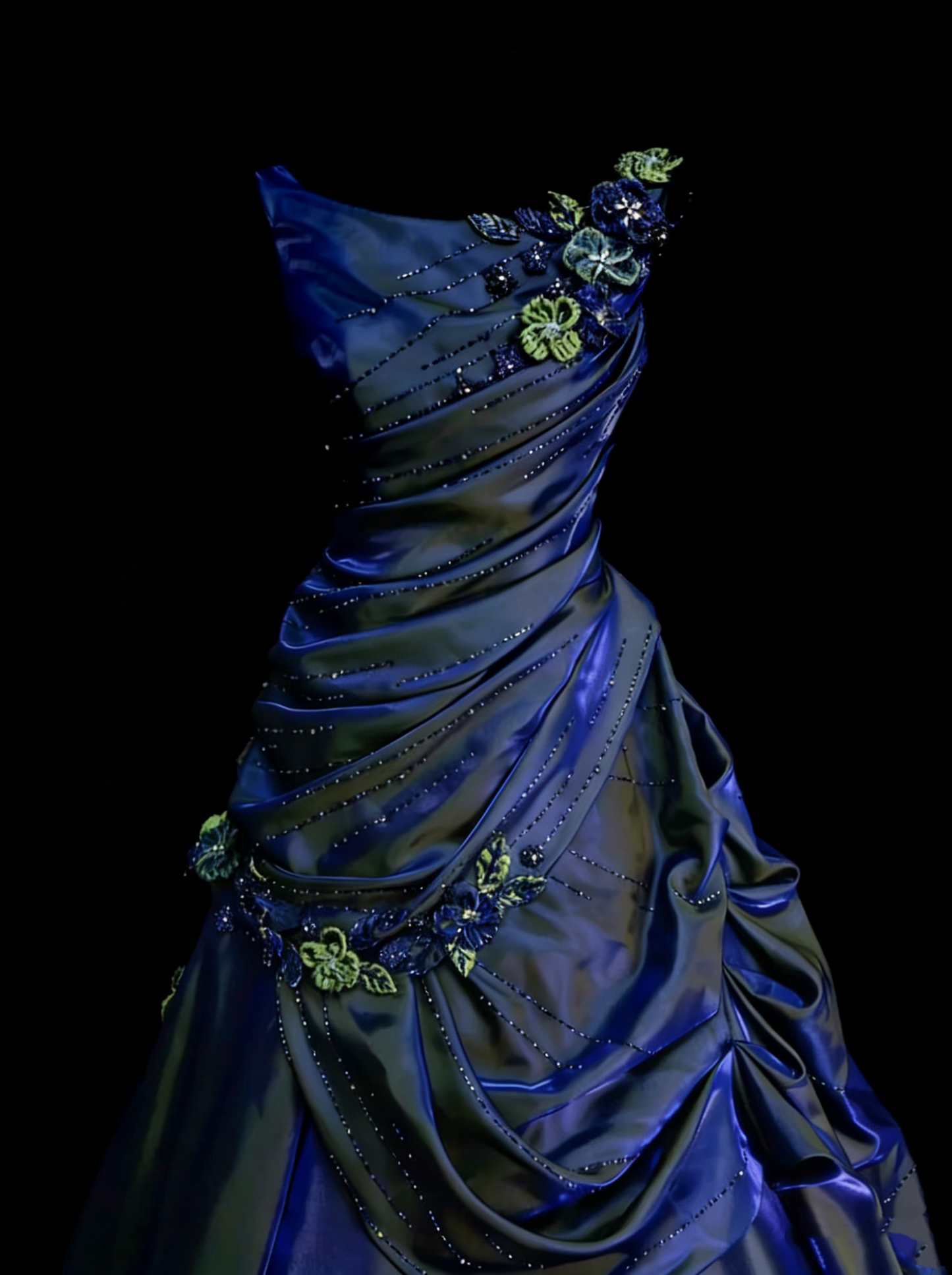 Elegantes Ballkleid Rundhals Marineblau Satin mit gestuften Lagen Rüschen Langes Partykleid Abendkleid N2231
