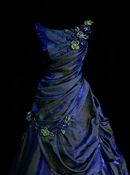 Elegantes Ballkleid Rundhals Marineblau Satin mit gestuften Lagen Rüschen Langes Partykleid Abendkleid N2231