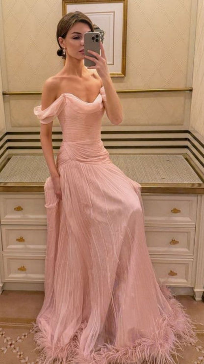 Elegant Off The Shoulder Pink Evening Prom Dresses Chiffon Pleated Party Dress Formal Dress N586