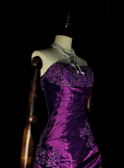 Robe de bal vintage années 1760, bustier cœur violet avec satin plissé, longue robe de bal N1599