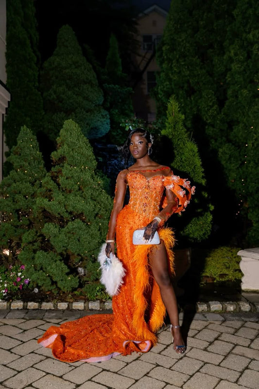 Robe de bal de fin d'année modeste, inspiration lycéenne, sirène, sequins orange, fente, pour jeunes filles noires, robe longue semi-formelle AB2159